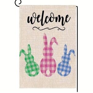 2/$30 Welcome Burlap Garden Flag with Gingham Bunnies NEW